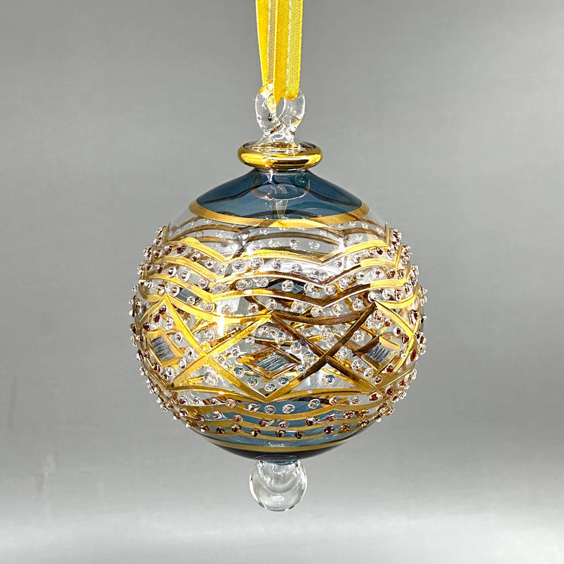Large Crystal Globe w/ Gold Geometric Design & Red Ends Glass- Egyptian Hand Blown Glass Ornament