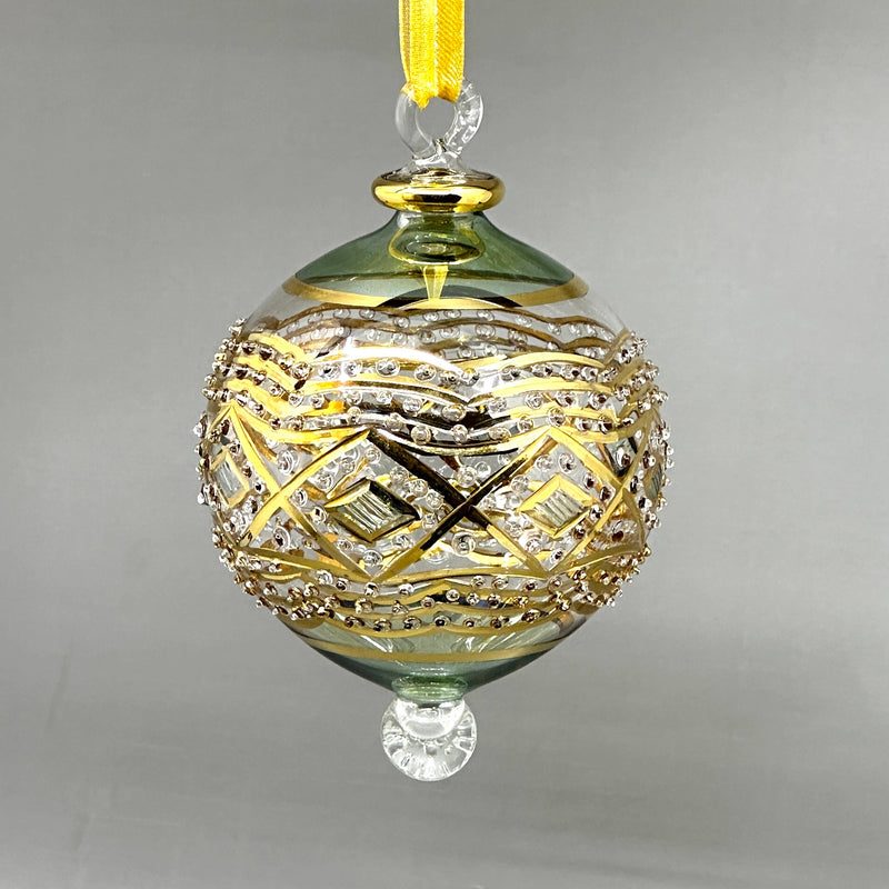 Large Crystal Globe w/ Gold Geometric Design & Red Ends Glass- Egyptian Hand Blown Glass Ornament