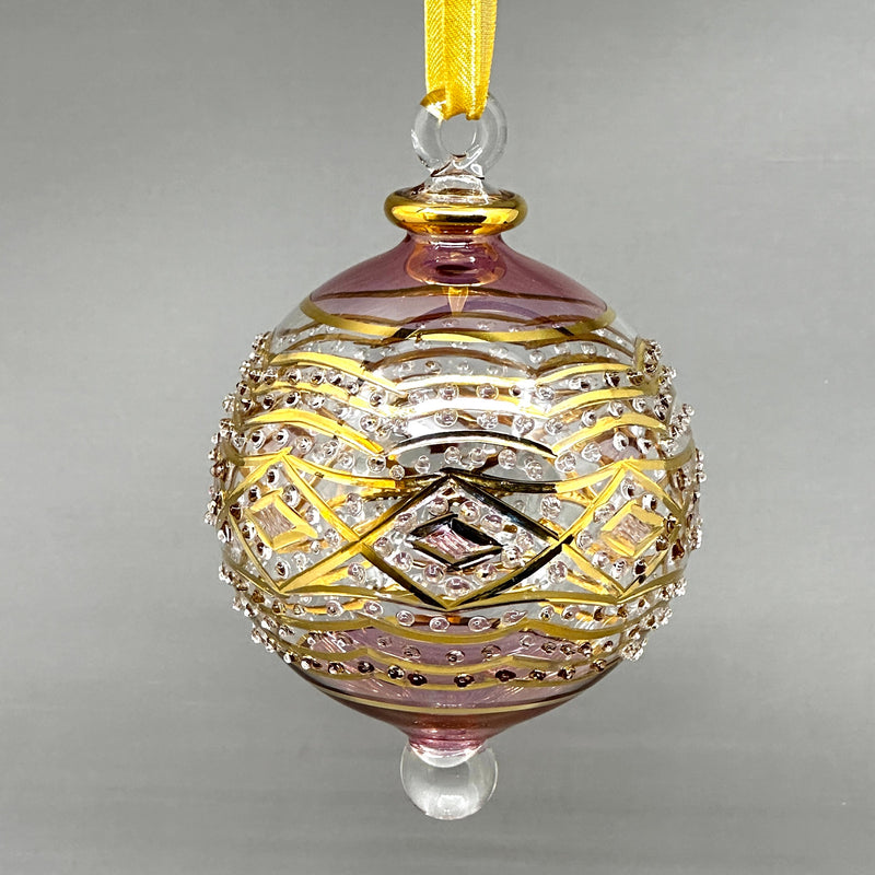 Large Crystal Globe w/ Gold Geometric Design & Red Ends Glass- Egyptian Hand Blown Glass Ornament