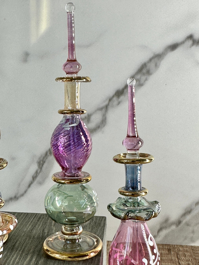 Unique Etching Design Egyptian Handblown Glass Perfume Bottles, Set of Five Variety
