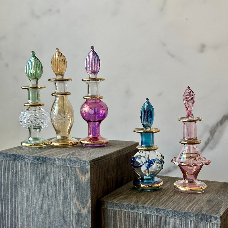 Miniature 5ML Assortment Gold Design Egyptian Handblown Glass Perfume Bottles, Set of Five Variety.