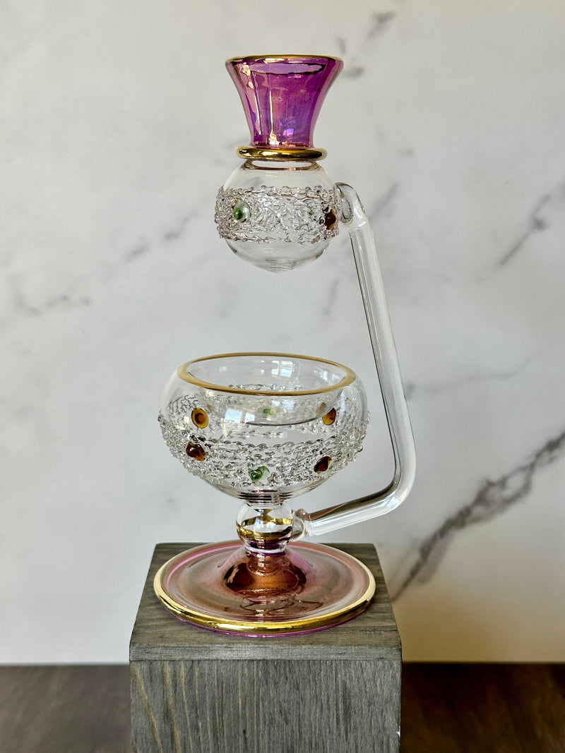 Egyptian Handblown Oil Burner Embossed Glass Dots W/ 14K Gold Liner Design . Holiday Decor, Gift for love, Christmas Decor.