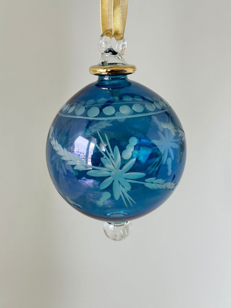 Pastel Large Globe Egyptian Hand Blown Glass Christmas Tree Ornament Etched Flower, Minimalist Glass Balls Unique Xmas Holiday Decoration