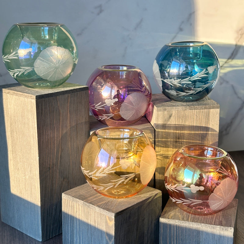 Egyptian Hand Blown Etched Glass Tea Light Holder - Holiday Decor.