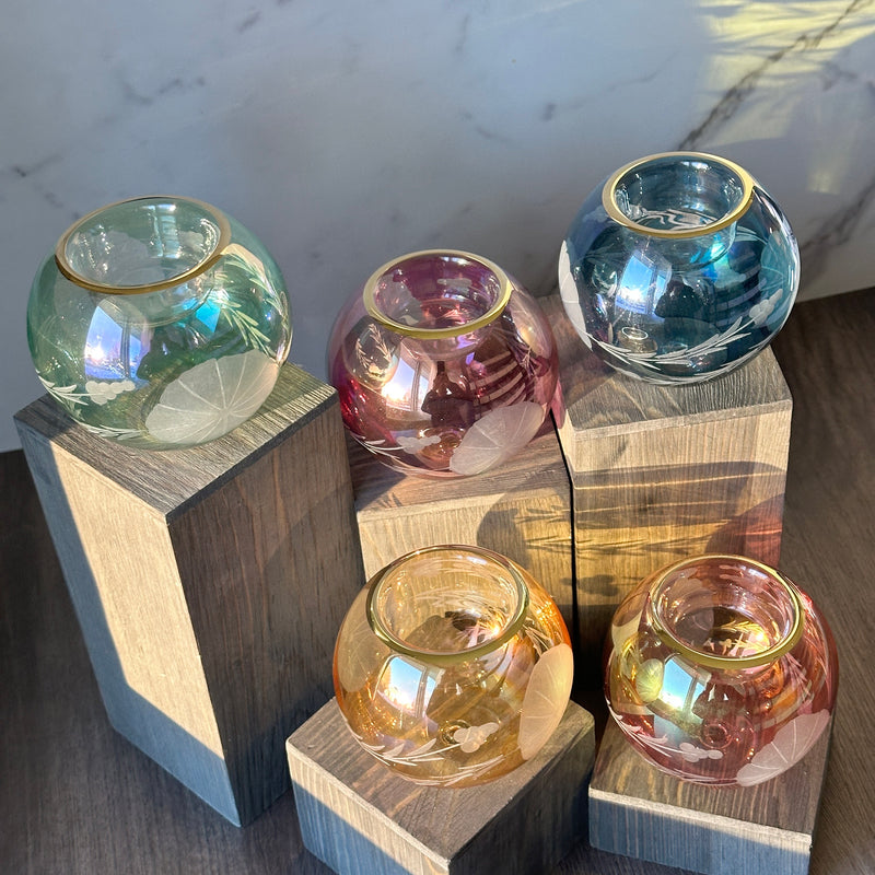 Egyptian Hand Blown Etched Glass Tea Light Holder - Holiday Decor.